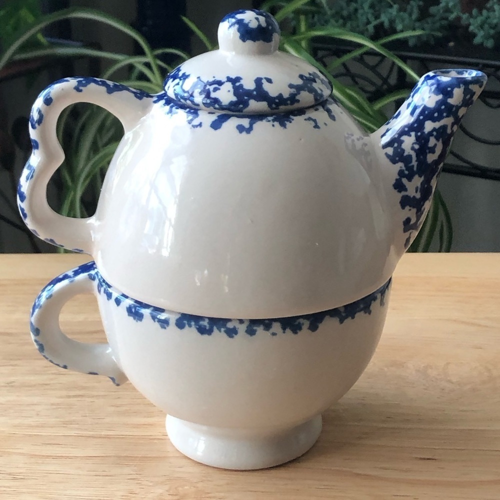 Nantucket Country Hearts Stacking Tea Pot & Cup 16oz Tea for One Vintage Ceramic - Picture 3 of 16